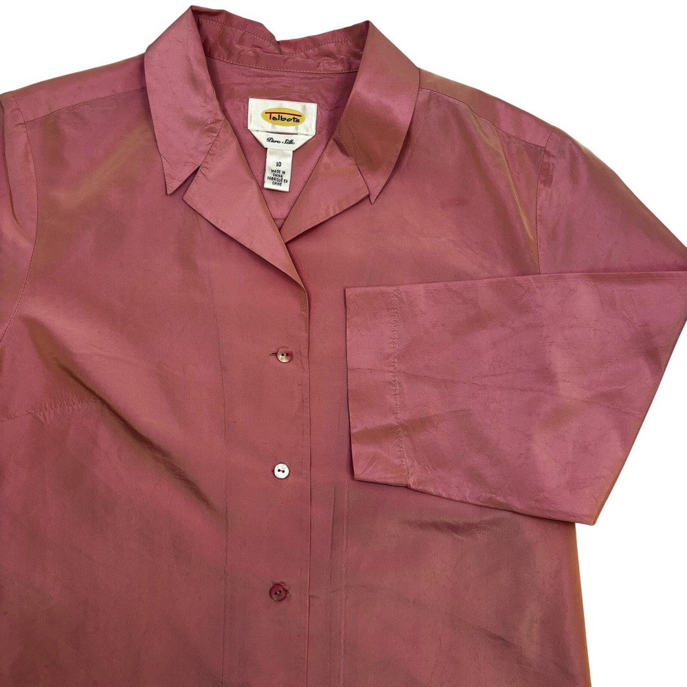 Talbots Pure Silk Iridescent Pink Button Down Shirt 3/4 Sleeve Size 10